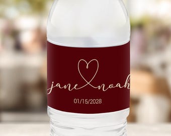 Burgundy Wedding Water Bottle Labels, Bridal Shower Custom Favor Label, Personalized Wine Bottle Stickers