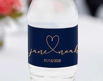 Navy Blue Wedding Water Bottle Labels, Gold Script Wedding Favors, Midnight Blue Bridal Shower Favors