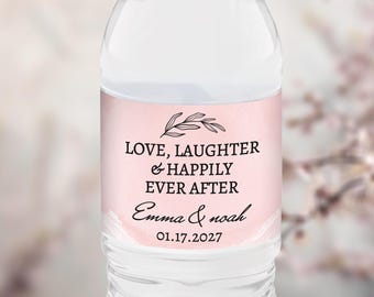 Blush Pink Watercolor Wedding Water Bottle Labels, Personalized Rose Gold Theme Stickers, Romantic Bridal Shower Favors