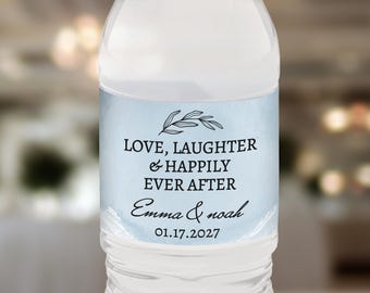Dusty Blue Water Bottle Labels, Wedding Personalized Slate Blue Stickers, Coastal Beach Wedding Favors