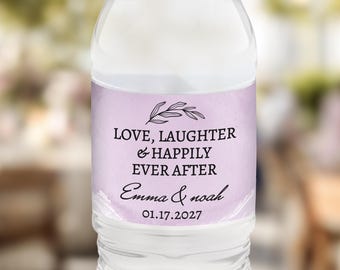 Lavender Wedding Water Bottle Labels, Personalized Floral Lilac Bridal Shower Favors, Printed Waterproof Drink Wrap