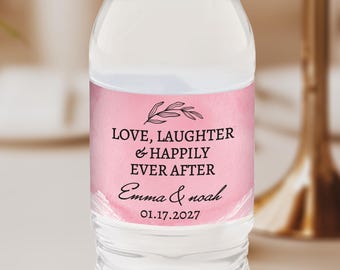 Vibrant Pink Wedding Water Bottle Labels, Personalized Pink Watercolor Bridal Shower Favors, Custom Wedding Name and Date Label
