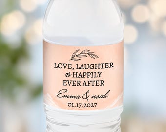 Peach Wedding Water Bottle Labels, Personalized Custom Name and Date Stickers, Garden Party Printed Wedding Favors