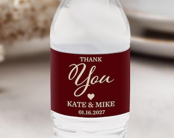Burgundy Wedding Water Bottle Labels, Personalized Wine Red Favors, Elegant Maroon Drink Wraps, Custom Name & Date Labels, Set of Printed