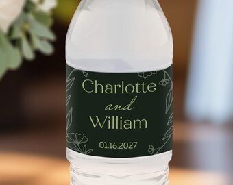 Personalized Wedding Water Bottle Labels, Forest Green Botanical Water Bottle Labels, Wedding Reception Sage Green Stickers