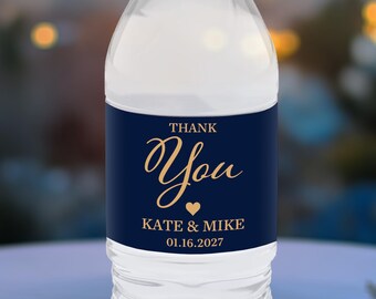 Navy Blue Wedding Water Bottle Labels, Nautical Wedding Drink Wraps, Personalized Navy Labels, Midnight Blue Gold Favors