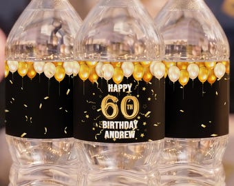 Black and Gold 60th Birthday Water Bottle Labels, Personalized Milestone Birthday Favors, Custom Age Party Decor