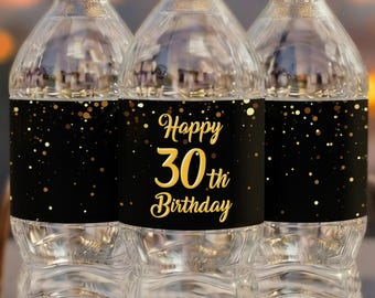 Birthday Water Bottle Labels, 30th Black and Gold Starry Party Favors, Customized Milestone Birthday Printed Labels
