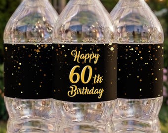 Personalized 60th Birthday Water Bottle Labels with Name, Elegant Black Gold Balloon Labels, Custom Age Birthday Party Favors Printed