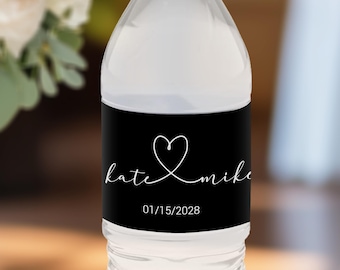 Personalized Wedding Water Bottle Labels, Custom Bridal Shower Favors, Elegant Black & White Heart Wedding Sticker, Minimalist Wedding Decor