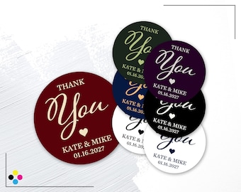 Personalized Wedding Thank You Stickers, Wedding Favor Labels, Custom Name and Date Seal, Waterproof Round Decals