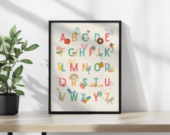 Colorful Alphabet Poster for Kids, Rainbow Playroom Wall Art, Playful Nursery Wall Decor, Educational ABC Wall Print