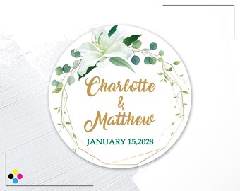 Custom Floral Wedding Labels, Personalized Stickers for Wedding Favors, Bridal Shower Favor Labels, Greenery Wedding Circle Labels