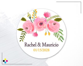 Personalized Floral Wedding Labels, Circle Bridal Shower Favor Labels, Pink Floral Wedding Stickers for Wedding Guest Favors