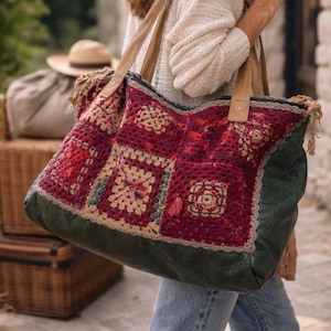 Borsa valigia granny da viaggio - artigianale all’uncinetto stile boho – Patchwork crochet fatto a mano, pezzo unico