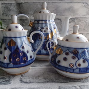 Lomonosov Russian Handpainted 3 peice teaset, 1744,St Petersburg -Church Bells