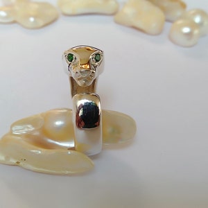 925 Sterling Silver Panther Ring with Natural Tsavorite, Green Garnet Ring