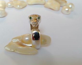 925 Sterling Silver Panther Ring with Natural Tsavorite, Green Garnet Ring