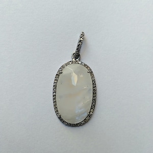 Sterling Silver Blue Fire Rainbow Moonstone Diamond Pendant,