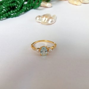 Sterling Silver 925 Natural Aquamarine, Diamond and Pearl Ring,