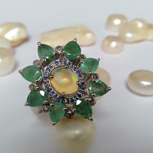 Sterling Silver 925 Natural Emerald, Opal and Blue sapphire Ring, Multi Stone Ring
