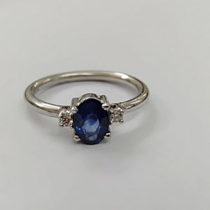 Sterling Silver 925 Natural Blue Sapphire Diamond Ring, September Birthstone Ring, Stone Size 5 mm X 7 mm, Solo Ring