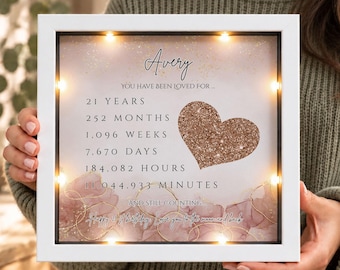 May include: A square white shadow box frame with integrated LED lights containing a personalised print for Avery. The text lists time units including 21 years, 252 months, and 11,044,933 minutes, featuring a glittery copper heart and pink marble accents.