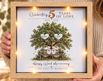 5th Wedding Anniversary Gift, Personalised Wood Anniversary Frame, 5 Years Married, 3D Pebble Art