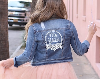 Custom Mrs wedding denim jacket, iron on transfer, leather jacket , stickers, bride jacket, mrs jacket, something Blue