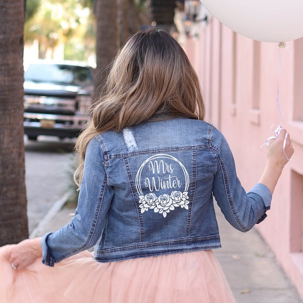 Custom Mrs wedding denim jacket, iron on transfer, leather jacket , stickers, bride jacket, mrs jacket, something Blue