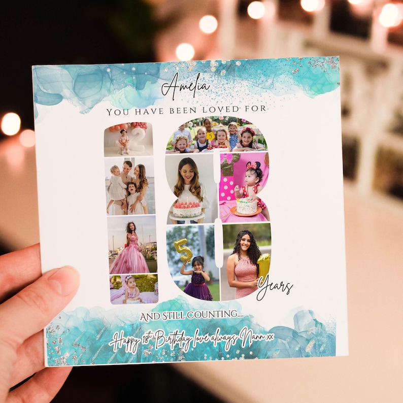 May include: A square greeting card featuring a collage of photos arranged in the shape of the number 18. The card has a teal watercolor border, the text Amelia, YOU HAVE BEEN LOVED FOR, Years, AND STILL COUNTING, and Happy 18th Birthday love always Nann xx.