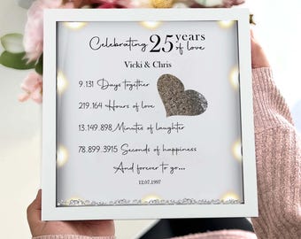 Op de afbeelding: Een witte ingelijste doos met een glitterhart en tekst die luidt "Celebrating 25 years of love Vicki & Chris 9.131 Days together 219.164 Hours of love 13.149.898 Minutes of laughter 78.899.3915 Seconds of happiness And forever to go... 12.07.1997".