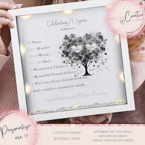 Presente de 70º aniversário de casamento | Impressão emoldurada de árvore genealógica | Presente de bodas de platina | Presente de casamento | Presente de aniversário marcante