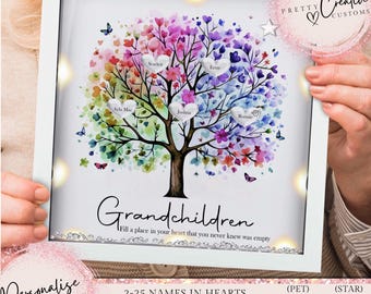 Personalised family tree frame, Grandchildren family tree gift, family tree print, Mum birthday, Nans birthday, Gift for her, LED light gift
