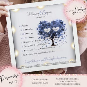 65. Hochzeitstag Geschenk | Stammbaum gerahmter Druck | Saphir Hochzeit Jahrestag Geschenk | Hochzeitsgeschenk | Jubiläumsmeilenstein Geschenk
