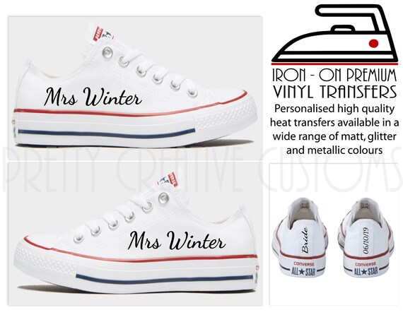 Personalised custom converse pumps DIY heat transfer decal.bride heel tags and side names.wedding.bling converse. evening pumps. htv. bridal Personalised custom converse pumps DIY heat transfer decal.bride heel tags and side names.wedding.bling converse. evening pumps. htv. bridal