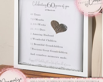 Regalos para mujeres que cumplen 60 años. Regalo de cumpleaños personalizado. Regalo de cumpleaños para mamá. Marco conmemorativo de los 60 años. Regalos para ella.