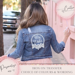 Veste en jean personnalisée pour le mariage de Mme, transfert thermocollant, veste en cuir, autocollants, veste de mariée, veste de Mme, quelque chose de bleu