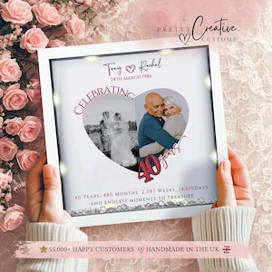 Puede incluir: Impresión fotográfica enmarcada en blanco que celebra un 40 aniversario. La impresión presenta dos fotos, una de una boda y otra de una pareja mayor abrazándose. El texto incluye nombres, fecha y "Celebrando 40 años".