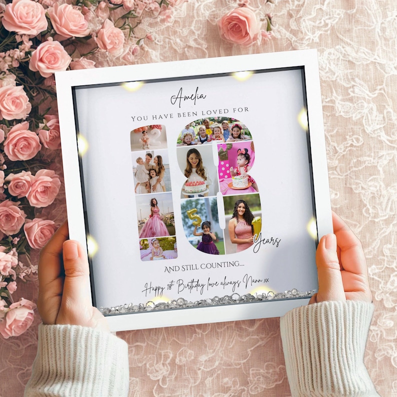 May include: A square white shadow box frame containing a photo collage arranged in the shape of the number 18. The text reads Amelia, YOU HAVE BEEN LOVED FOR 18 Years, AND STILL COUNTING... Happy 18th Birthday love always Nann xx. Includes crystals.
