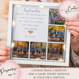 Puede incluir: Un marco de fotos blanco con un borde plateado y un fondo gris claro. El marco contiene cuatro fotos de una familia en un entorno de parque. El texto "Any Name Here" está en la parte superior del marco, seguido de un poema sobre el amor y la familia. El texto "Add a message here" está en la parte inferior del marco.