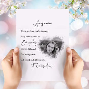 May include: A black and white photograph of a person is on a white card with the text "Any name These we love don't go away They walk beside us Every day Unseen, Unheard But always near Still loved, still missed and Forever dear."
