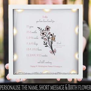 Regalo de flores de nacimiento para el 21.° cumpleaños de una hija, regalo personalizado para el 21.° cumpleaños de una nieta, marco de flores de nacimiento para ella