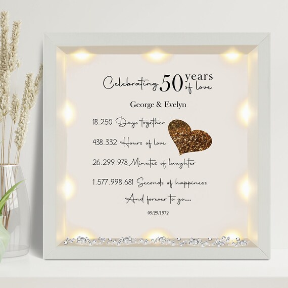 50th Wedding Anniversary Gift Glitter Heart Framed Print Golden