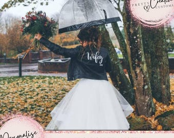 Custom Mrs wedding denim jacket, iron on transfer, leather jacket , stickers, bride jacket, mrs jacket, something Blue