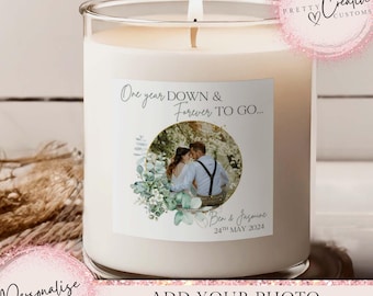 Personalised Anniversary Candle One Year Down Forever To Go, First Wedding Anniversary Gift Set, First anniversary scented photo candle
