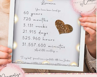 Regalos para mujeres que cumplen 60 años. Regalo de cumpleaños personalizado. Regalo de cumpleaños para mamá. Marco conmemorativo de los 60 años. Regalos para ella.