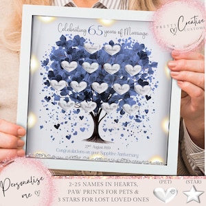 Presente de 65º aniversário de casamento | Impressão emoldurada com árvore genealógica | Presente de safira para aniversário de casamento | Presente de casamento | Presente para marco de aniversário