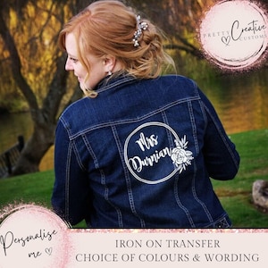 Veste en jean personnalisée pour le mariage de Mme, transfert thermocollant, veste en cuir, autocollants, veste de mariée, veste de Mme, quelque chose de bleu
