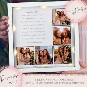 Puede incluir: Un marco de fotos blanco con un collage de fotos de dos mujeres. El marco tiene un borde blanco y un diseño de purpurina plateada. El texto en el marco dice "Any Name Here Thank you for the laughter and good times we share, Thank you for always caring and always being there. This is to remind you, that all our lives through, I will always be grateful, having a Sister like you. Add a personalized message here".